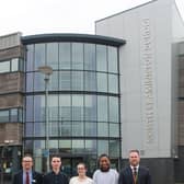 Mike Lowdell Head Teacher, Steve Taylor, Head of Sixth Form and students at North Leamington School celebrating the Sixth Form being ranked No. 1 in Warwickshire
