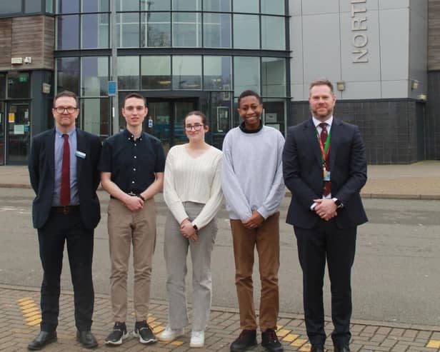 Mike Lowdell Head Teacher, Steve Taylor, Head of Sixth Form and students at North Leamington School celebrating the Sixth Form being ranked No. 1 in Warwickshire