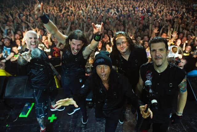 Anthrax on stage at Barrowland Ballroom, Glasgow, February 15, 2017
(from left) Scott Ian, Frank Bello, Joey Belladonna, Jonathan Donais, Charlie Benante (photo: Andy Buchanan)
Picture © Andy Buchanan 2017