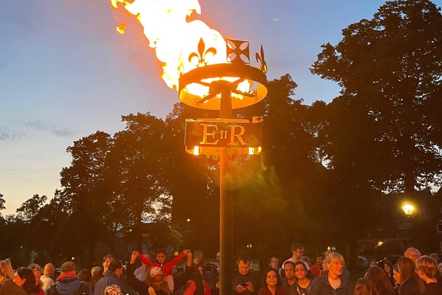 Crowds gathered at the Pump Room Gardens, Leamington, to watch the ceremonial lighting of the Platinum Jubilee Beacon on Friday (June 2). Photo by Warwick District Council.