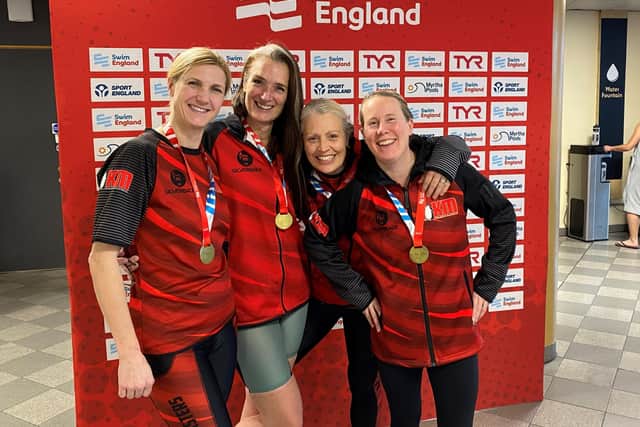 Suzanne Linton ( second from left) with the women’s swimming team from Kenilworth Masters Swimming Club. Photo supplied