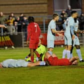 Rugby Town had late appeals for a penalty waved away in their 1-0 home defeat to Desborough Town on Tuesday night. Picture by Martin Pulley