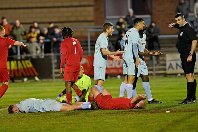 Rugby Town had late appeals for a penalty waved away in their 1-0 home defeat to Desborough Town on Tuesday night. Picture by Martin Pulley