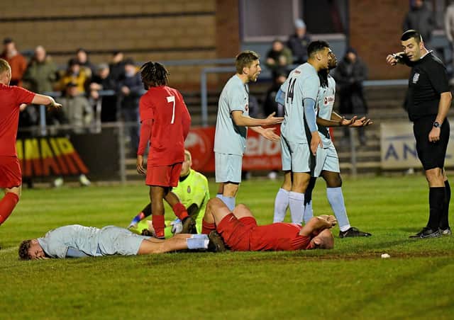 Rugby Town had late appeals for a penalty waved away in their 1-0 home defeat to Desborough Town on Tuesday night. Picture by Martin Pulley