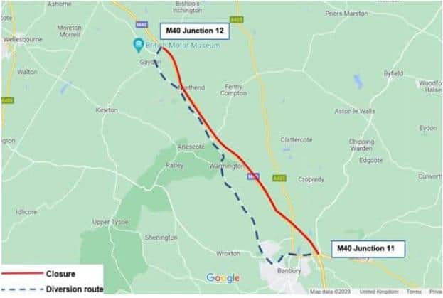 A map showing the stretch of motorway affected and the diversion route