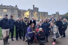 The walking team with their welcoming party at Warwick Castle in 2022. Photo supplied