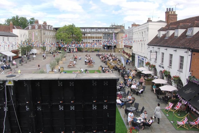 A big screen and a seating area have been set up in the town centre. Photo by Geoff Ousbey