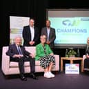 Front, from the left: Les Ratcliffe (CW Place and Champions), Anna Clarke (CW Place and Champions), Deborah Chapman (Warwick Schools Enterprises) and Phil Smith CBE FREng (Skills England). Back, from the left: Craig Humphrey (CW Growth Hub Group) Stuart Buckley (Warwickshire Property & Development Group), Mitchell Barnes (Ryse3D) and Jeremy Moore (CW Growth Hub Group)