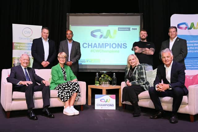 Front, from the left: Les Ratcliffe (CW Place and Champions), Anna Clarke (CW Place and Champions), Deborah Chapman (Warwick Schools Enterprises) and Phil Smith CBE FREng (Skills England). Back, from the left: Craig Humphrey (CW Growth Hub Group) Stuart Buckley (Warwickshire Property & Development Group), Mitchell Barnes (Ryse3D) and Jeremy Moore (CW Growth Hub Group)