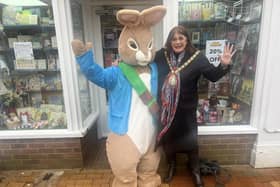 Rugby Mayor Maggie O'Rourke with Peter Rabbit outside Hunts Bookshop.