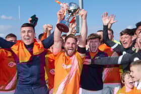 Rugby Borough celebrate their play-off win, which means they will be playing at Step 5 next season