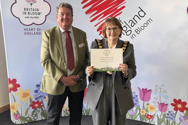 The Mayor of Leamington Cllr Sarah Boad accepted the Heart of England in Bloom Gold Award on behalf of the town at the Three Counties Showground in Malvern today (Thursday October 22). Picture supplied.