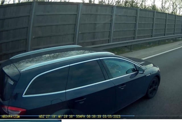 This driver was fined £200 and their driving licence endorsed with 6 points after they were caught on the dashcam of another vehicle on the M6 south bound between junctions J3 and J2 on 3 May 2023.