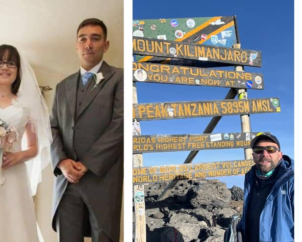 Benjamin with sister Kate. Right: Climbing the highest mountain in Africa in her memory.
