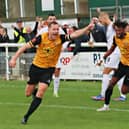 Leamington celebratates Joe Clarke's equaliser.