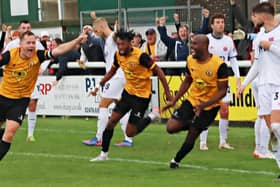 Leamington celebratates Joe Clarke's equaliser.