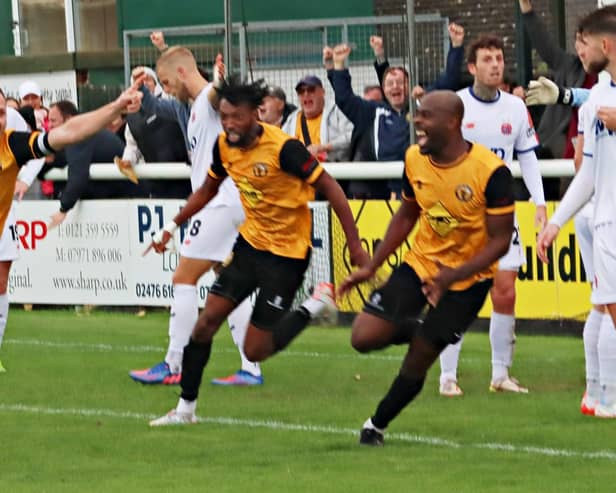Leamington celebratates Joe Clarke's equaliser.