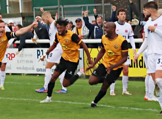 Leamington celebratates Joe Clarke's equaliser.