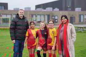 St Gabriel's pupils Jaya, Emilia and Violeta with deputy head Michael McCormick and Urban&Civic communications & partnerships manager Sonia Nakra-Norman.