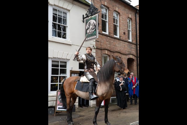 The launch event included an appearance from Guy of Warwick on horseback, played by Karl Ude-Martinez, a professional actor, TV presenter and expert horseman. Photo by Owen Thompson and Luke Cave, students at the Warwickshire College Group and University Centre.