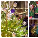 Left and bottom right: Images from the Leamington Christmas Tree Festival. Top right: Judges Stephanie Kerr (BID Leamington), Fr Christopher (All Saints) and Cllr Sidney Syson with Rachel Ollerenshaw (Molly Ollys Wishes). Photos by Whittle Productions.