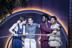 Brandon Bassir, Luke Thompson, Abiola Owokoniran and Eric Stroud as Dumaine, Berowne, Ferdinand and Longaville (photo: Johan Persson)