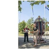 Up for the cup - (left to right) Rugby First town ranger Reece Hawes, Abi McCartney, Rugby Borough Council's place marketing officer, and town ranger Kate Allen-Mason with the replica Webb Ellis Cup next to the statue of William Webb Ellis.