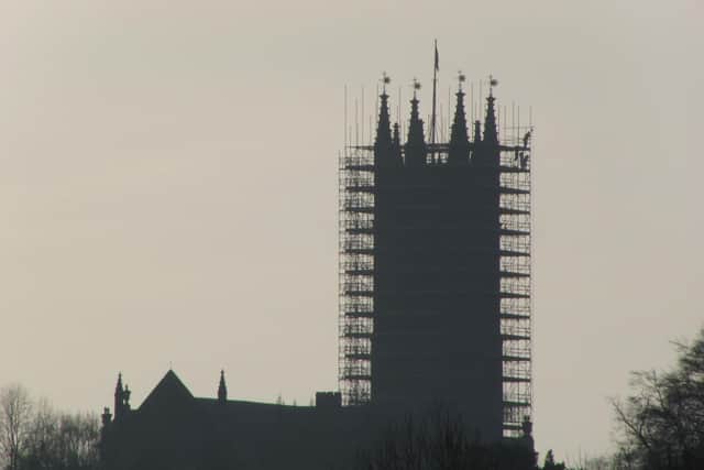 Scaffolding has now reached the top of St Mary's Tower ahead of restoration work taking place. Photo by Geoff Ousbey