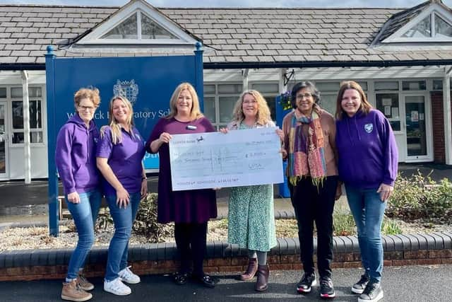 Left to right: Ruth Harrison and Naomi Courtenay (WPSA committee members), Hellen Dodsworth (Headmistress Warwick Preparatory School), Helen Smith (founder Evelyn's Gift), Amita Lovatt (Evelyn's Gift), Julie Moon (WPSA Chair). Photo supplied