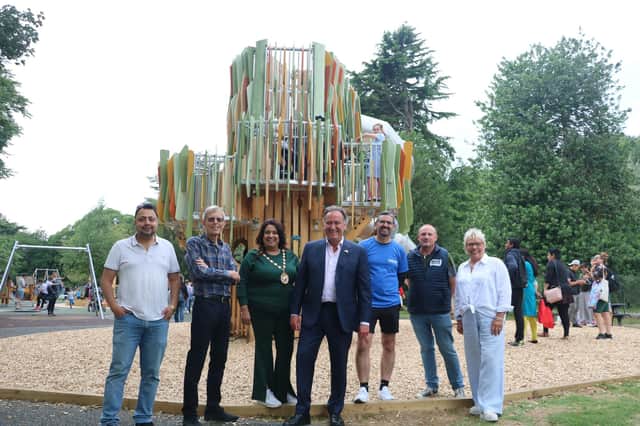 In front of the bespoke treehouse - Councillor Naveen Tangri, David Adams (Friends of Victoria Park), Councillor Mini Kaur Mangat (Chair of WDC), Councillor Andrew Day, Rob Heard (Kompan), Simon Richardson (WDC Green Spaces). Councillor Moira-Ann Grainger. Photo courtesy of Warwick District Council.