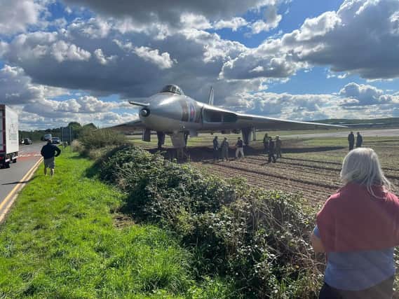 The Avro Vulcan XM655 at Wellesbourne has overshot the runway.