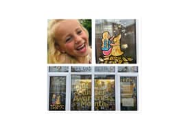 Top left: Neive Warwick. Top right: the window display features Neive and her pet dog Bailey looking up at the stars.. Bottom: The window display. Pictures supplied.