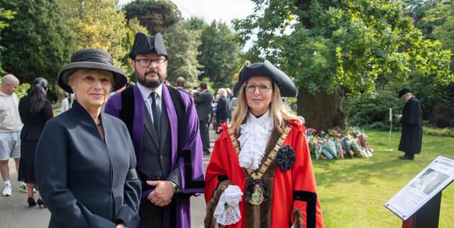Jill Samuda, Deputy Lieutenant of Warwickshire, Cllr Seb Lowe, leader of Rugby Borough Council, and the Mayor of Rugby, Cllr Carolyn Watson-Merret