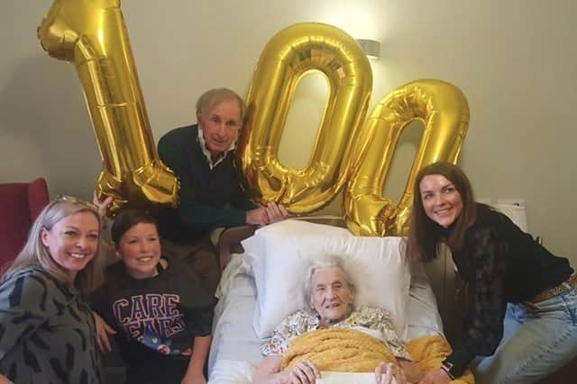 Edna Clay celebrates her 100th birthday with her family at Priors House in Leamington. Picture supplied.