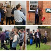 Inside and outside the refurbished village hall at Stretton under Fosse. Also pictured are Mark Pawsey MP cutting the rope and Rev Martin Faulkner offering a blessing.