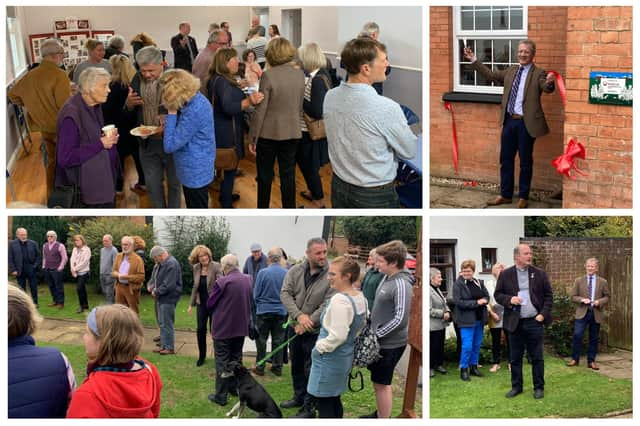 Inside and outside the refurbished village hall at Stretton under Fosse. Also pictured are Mark Pawsey MP cutting the rope and Rev Martin Faulkner offering a blessing.