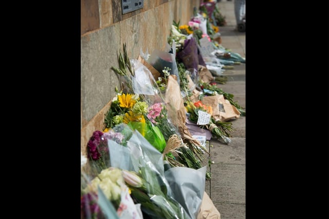 Some of the floral tributes outside Shire Hall. Photo by Gill Fletcher