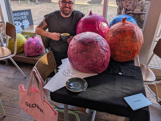 Hairdresser Andrew Phimister-Double with some of his handmade pumpkin heads.