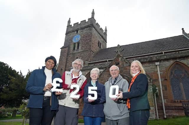 From left to right) Angela Nurse, Sales Manager for Bellway South Midlands, with bell ringer Mike Young, church warden Sue Simmons, quiz organiser David Morris, and Tina Yeates, sales advisor at Bellway’s Hazelwood development, outside St Mary’s Church in Cubbington, following Bellway’s donation of £250 towards repairs for the broken church clock. Picture submitted.