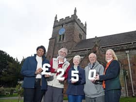 From left to right) Angela Nurse, Sales Manager for Bellway South Midlands, with bell ringer Mike Young, church warden Sue Simmons, quiz organiser David Morris, and Tina Yeates, sales advisor at Bellway’s Hazelwood development, outside St Mary’s Church in Cubbington, following Bellway’s donation of £250 towards repairs for the broken church clock. Picture submitted.
