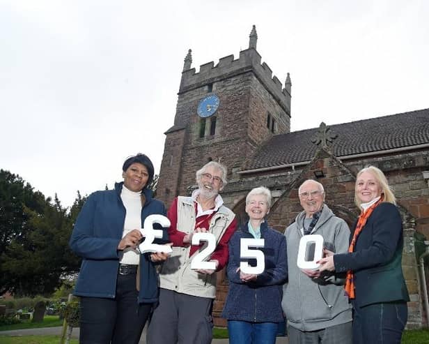 From left to right) Angela Nurse, Sales Manager for Bellway South Midlands, with bell ringer Mike Young, church warden Sue Simmons, quiz organiser David Morris, and Tina Yeates, sales advisor at Bellway’s Hazelwood development, outside St Mary’s Church in Cubbington, following Bellway’s donation of £250 towards repairs for the broken church clock. Picture submitted.