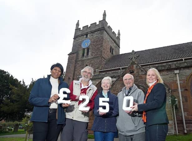 From left to right) Angela Nurse, Sales Manager for Bellway South Midlands, with bell ringer Mike Young, church warden Sue Simmons, quiz organiser David Morris, and Tina Yeates, sales advisor at Bellway’s Hazelwood development, outside St Mary’s Church in Cubbington, following Bellway’s donation of £250 towards repairs for the broken church clock. Picture submitted.