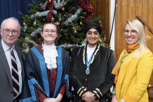 Philip Seccombe, Warwickshire Police and Crime Commissioner; Sophia Wilk (YHS), Rajvinder Kaur Gill, 2024/5 High Sheriff of Warwickshire; Emma Daniell, Deputy Police and Crime Commissioner.  Owen Thompson Photography.