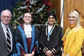 Philip Seccombe, Warwickshire Police and Crime Commissioner; Sophia Wilk (YHS), Rajvinder Kaur Gill, 2024/5 High Sheriff of Warwickshire; Emma Daniell, Deputy Police and Crime Commissioner.  Owen Thompson Photography.