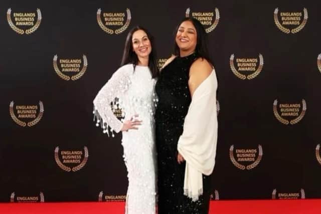 Zara Rouse, the owner of Little London Clinic, receives the award in the PMU Aesthetics category at the England Business Awards. Picture supplied.