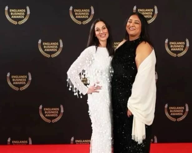 Zara Rouse, the owner of Little London Clinic, receives the award in the PMU Aesthetics category at the England Business Awards. Picture supplied.