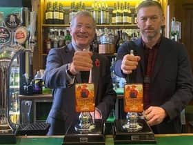MP Mark Pawsey and Mark O’Neill in the Strangers' Bar pulling pints of Haystack Pale Ale.