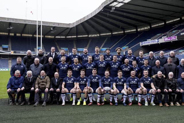 EDINBURGH, SCOTLAND - FEBRUARY 09: Scotland Team Picture during the Scotland MD-1 Captains Run training session at Scottish Gas Murrayfield Stadium, on February 09, 2024, in Edinburgh, Scotland. Tim Exeter is in the middle row and furthest on the right. (Photo by Craig Williamson / SNS Group).