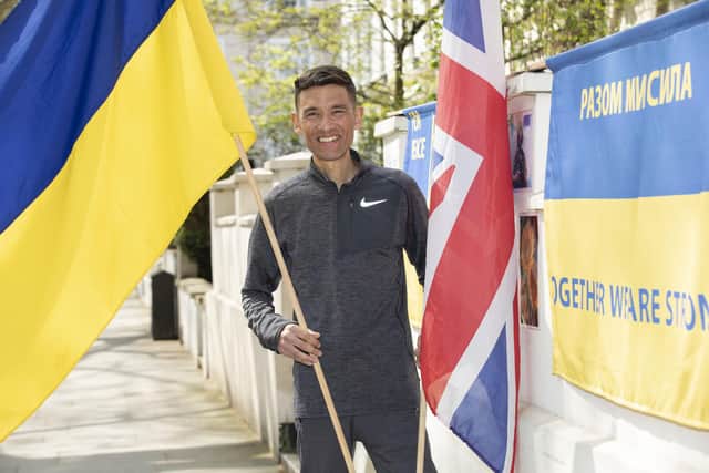 Journalist Josh Layton who ran the London Marathon for the Ukraine on Sunday. Photo by Tim Anderson.