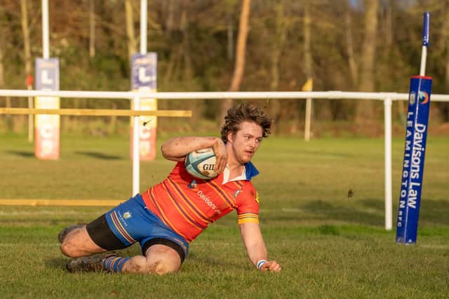 Leamington winger, Lucien Gould, scoring his side's second try of the game.